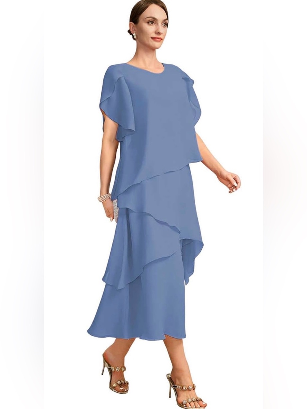 NWT Periwinkle Blue Chiffon Layered Maxi Dress with Flutter Sleeves, Size 12